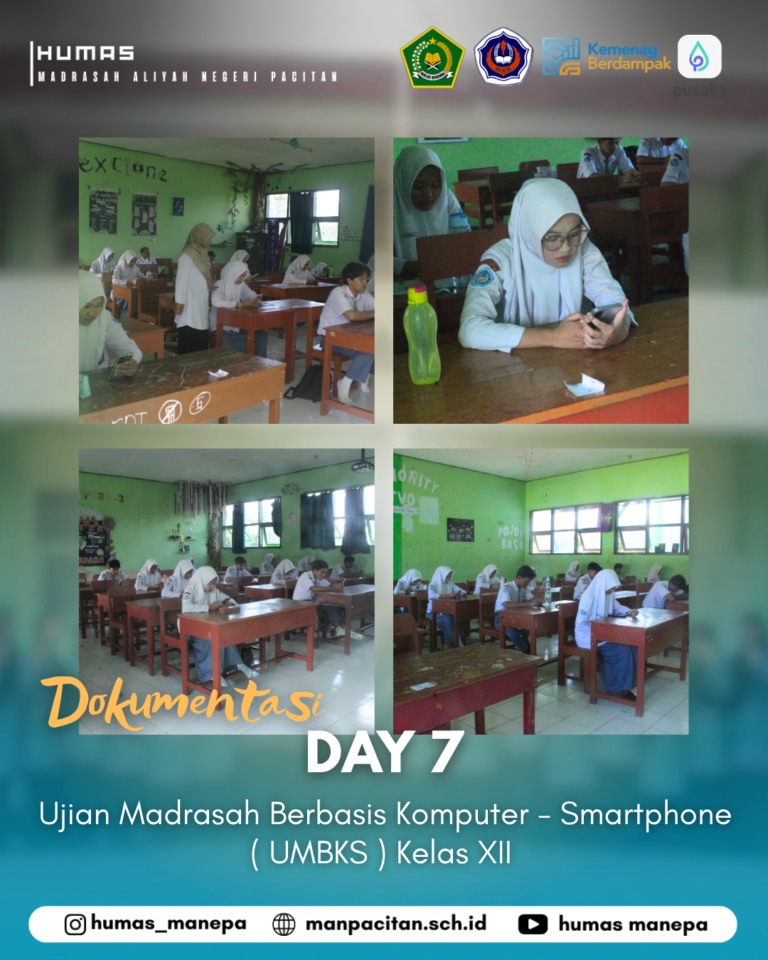 Humas MANEPA || Day 7 Ujian Madrasah Hari Ketujuh UMBKS Kelas XII MAN Pacitan Berjalan Tertib dan Lancar Pacitan – Gema perjuangan mencapai puncaknya hari ini seiring berakhirnya hari ketujuh sekaligus hari terakhir pelaksanaan UMBKS di MAN Pacitan. Setelah menempuh rangkaian ujian yang panjang, para siswa kelas XII akhirnya tiba di garis finis dengan semangat yang tetap menyala dan optimisme yang tinggi. Seluruh rangkaian ujian berlangsung tertib dan kondusif, mencerminkan kematangan mental serta integritas yang tetap terjaga hingga detik terakhir pengerjaan soal digital. Kelancaran sistem teknologi yang konsisten dari awal hingga akhir menjadi bukti kesiapan madrasah dalam mengawal evaluasi akhir ini dengan sangat baik. Selamat kepada para pejuang madrasah atas kerja keras dan dedikasi yang luar biasa. Semoga setiap jawaban yang telah terinput membuahkan hasil yang berkah dan menjadi jembatan menuju masa depan yang gemilang. UMBKS resmi berakhir, kini saatnya menyongsong babak baru dengan penuh harapan.