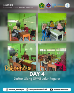 Humas MANEPA || Day 4 Daftar Ulang SPMB Jalur Reguler Proses daftar ulang jalur reguler masih berlangsung dengan penuh antusiasme. Senang sekali melihat wajah-wajah baru yang siap bergabung menjadi bagian dari keluarga besar kami. ​Ayo, lengkapi berkasmu dan pastikan semua langkah terselesaikan hari ini. Sampai bertemu di koridor sekolah! 🏫✨