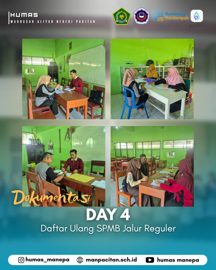 Humas MANEPA || Day 4 Daftar Ulang SPMB Jalur Reguler Proses daftar ulang jalur reguler masih berlangsung dengan penuh antusiasme. Senang sekali melihat wajah-wajah baru yang siap bergabung menjadi bagian dari keluarga besar kami. ​Ayo, lengkapi berkasmu dan pastikan semua langkah terselesaikan hari ini. Sampai bertemu di koridor sekolah! 🏫✨