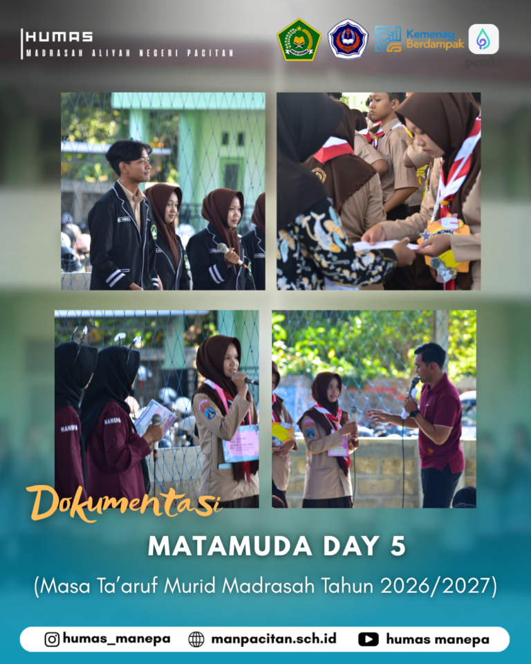 Humas Manepa || Matamuda MAN Pacitan Hari 5 Tahun Ajaran 2026/2027 DAY 5 MATAMUDA : berlangsung meriah dengan demo puluhan ekskul keren, mulai dari OSIS, Pramuka, PKS, PMR & UKS, divisi keagamaan (Risma, Muhadhoroh, MTQ, Tahfidz), English Club, KIR, hingga tim Humas & Jurnalistik. Suasana makin seru lewat unjuk bakat dari cabang olahraga (futsal, basket, voli, catur) serta aksi panggung estetik dari ekskul seni rupa, tari, teater, dance, dan musik yang sukses menghibur seluruh siswa baru. Acara kemudian ditutup dengan pengisian angket ekstrakurikuler secara tertib. Pengisian angket ini bertujuan agar para siswa baru dapat memilih wadah yang paling tepat untuk mengembangkan minat, bakat, dan potensi non-akademik mereka selama masa sekolah ke depan.